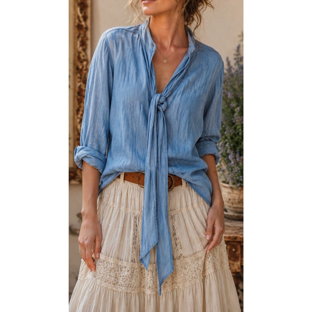 Custom Upcycled Shirt Womens Medium Blue Chambray Hand Dye Artsy Top Boho Whimsy